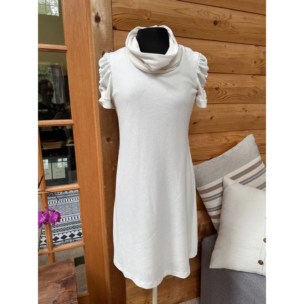 Robbie Bee White Ribbed‎ Cowl Neck Short Sleeve A-Line Dress Size M - Picture 3 of 10